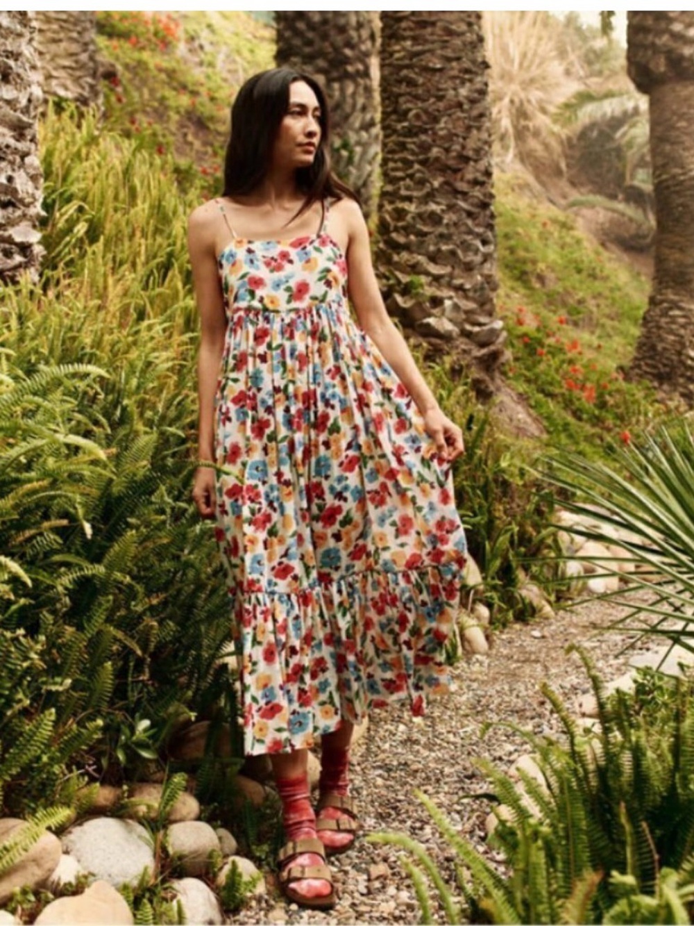 THE GREAT. Multicolor Floral Tiered Spaghetti-Strap Maxi Dress
